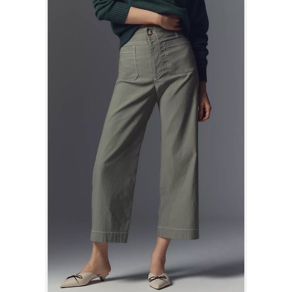 New Anthropologie The Colette Linen Crop Wide Leg Pants Magic Green 28
